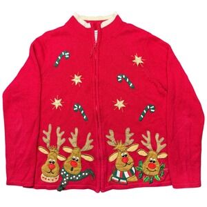 Tiara International Christmas Reindeer‎ Zip Cardigan Sweater Women Medium Red